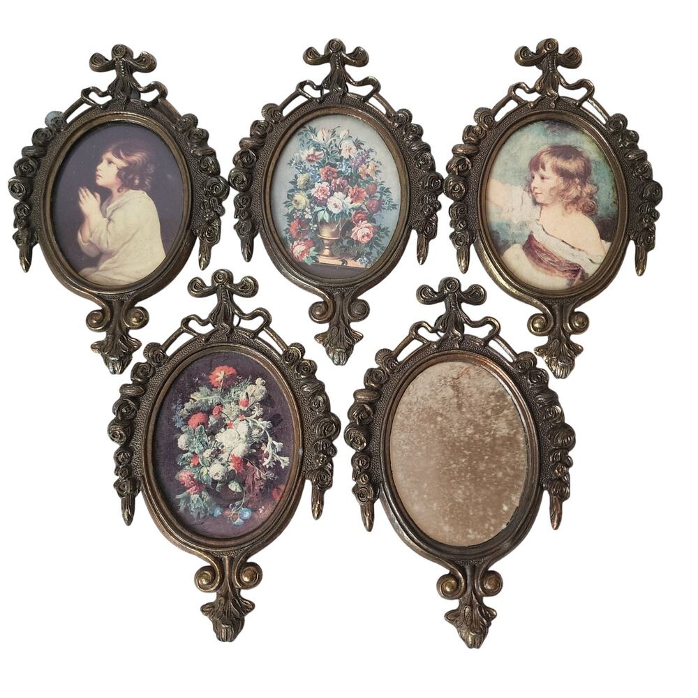 Vintage Florentine Print Brass Frames Wall Art Nouveau Portrait Italy Lot Of 5